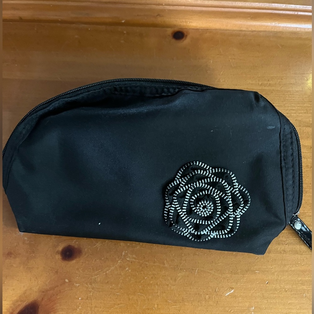 Lancome Black Accessory Pouch with Silver Floral Accent